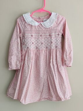 Cherokee Pink and White Smocked Long-Sleeve Dress Size 3T